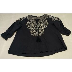 Adora Embroidered Tunic Top Blouse Navy Blue Cotton Boho Tassel V-Neck‎ S/CH